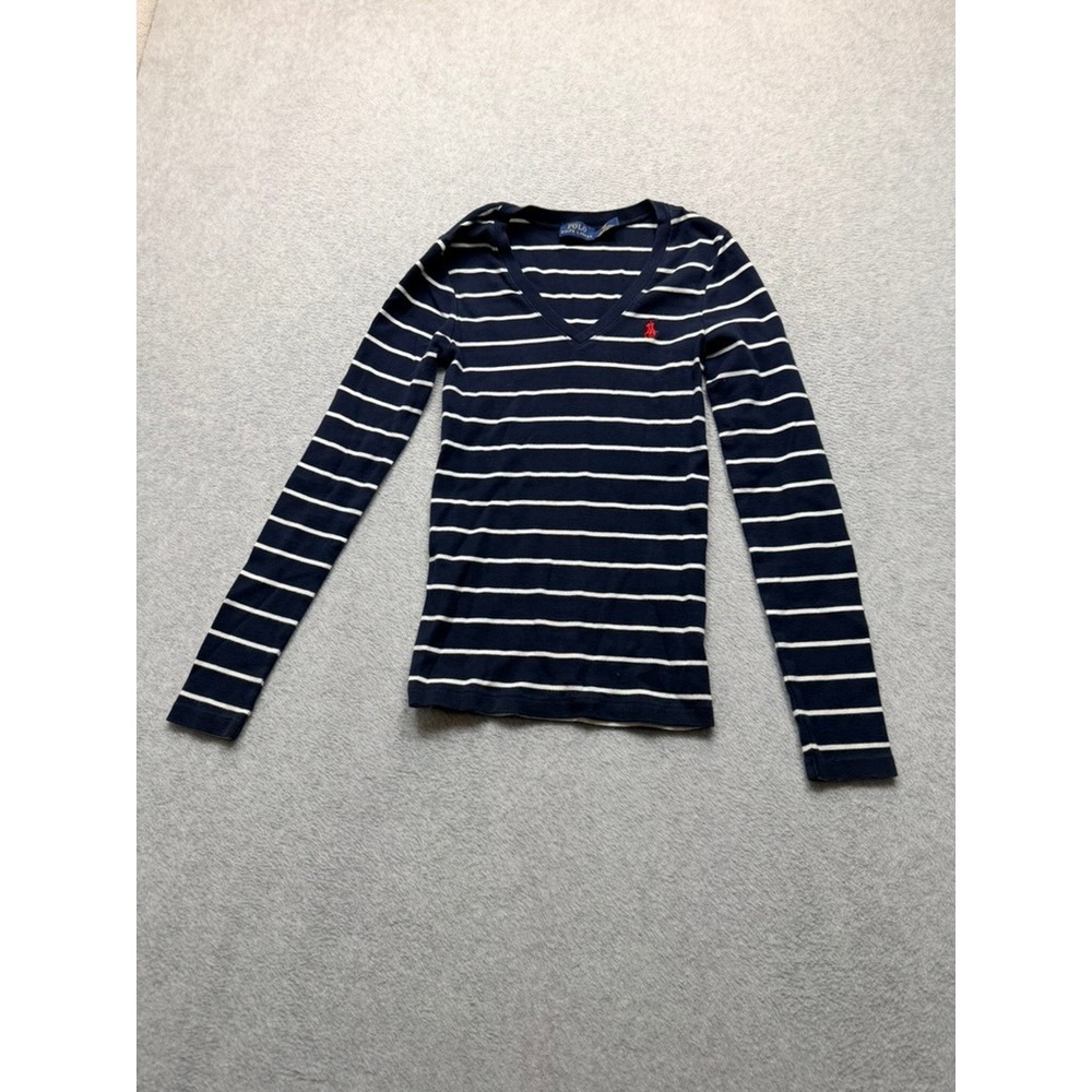 Polo Ralph Lauren Womens Navy White Striped V-Neck Long Sleeve Shirt XS